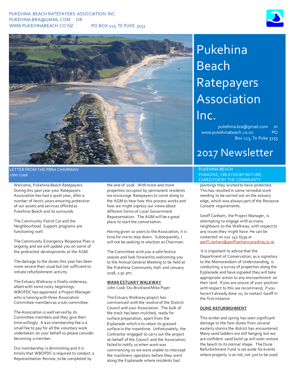 Pukehina Beach Ratepayers Association Inc. Pukehina.Bra@Gmail.Com Or Po Box 113, Te Puke 3153