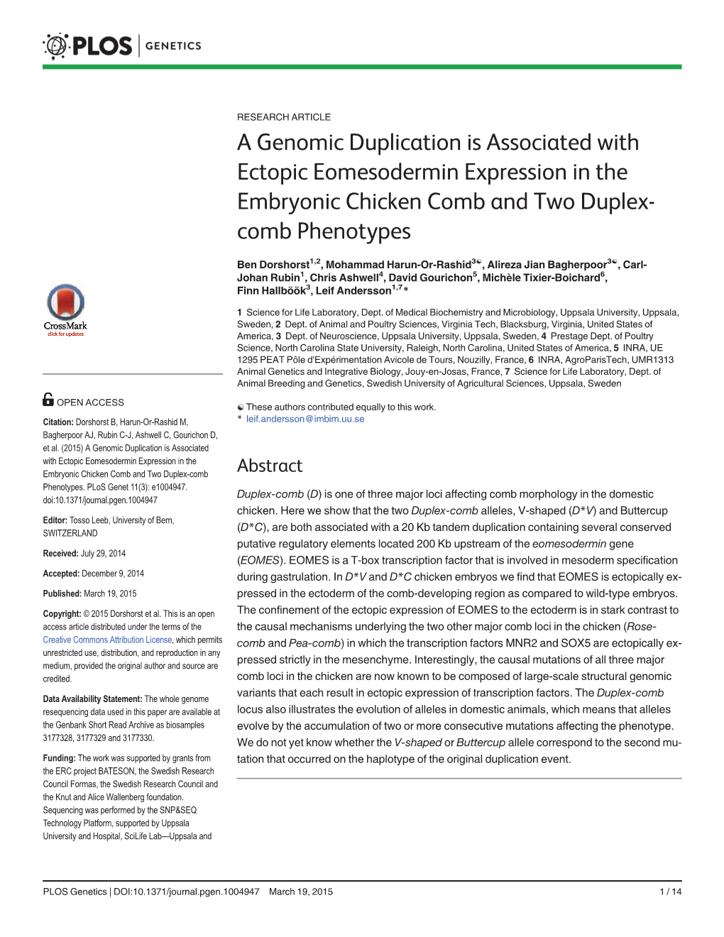 A Genomic Duplication Is Associated with Ectopic Eomesodermin Expression in the Embryonic Chicken Comb and Two Duplex- Comb Phenotypes