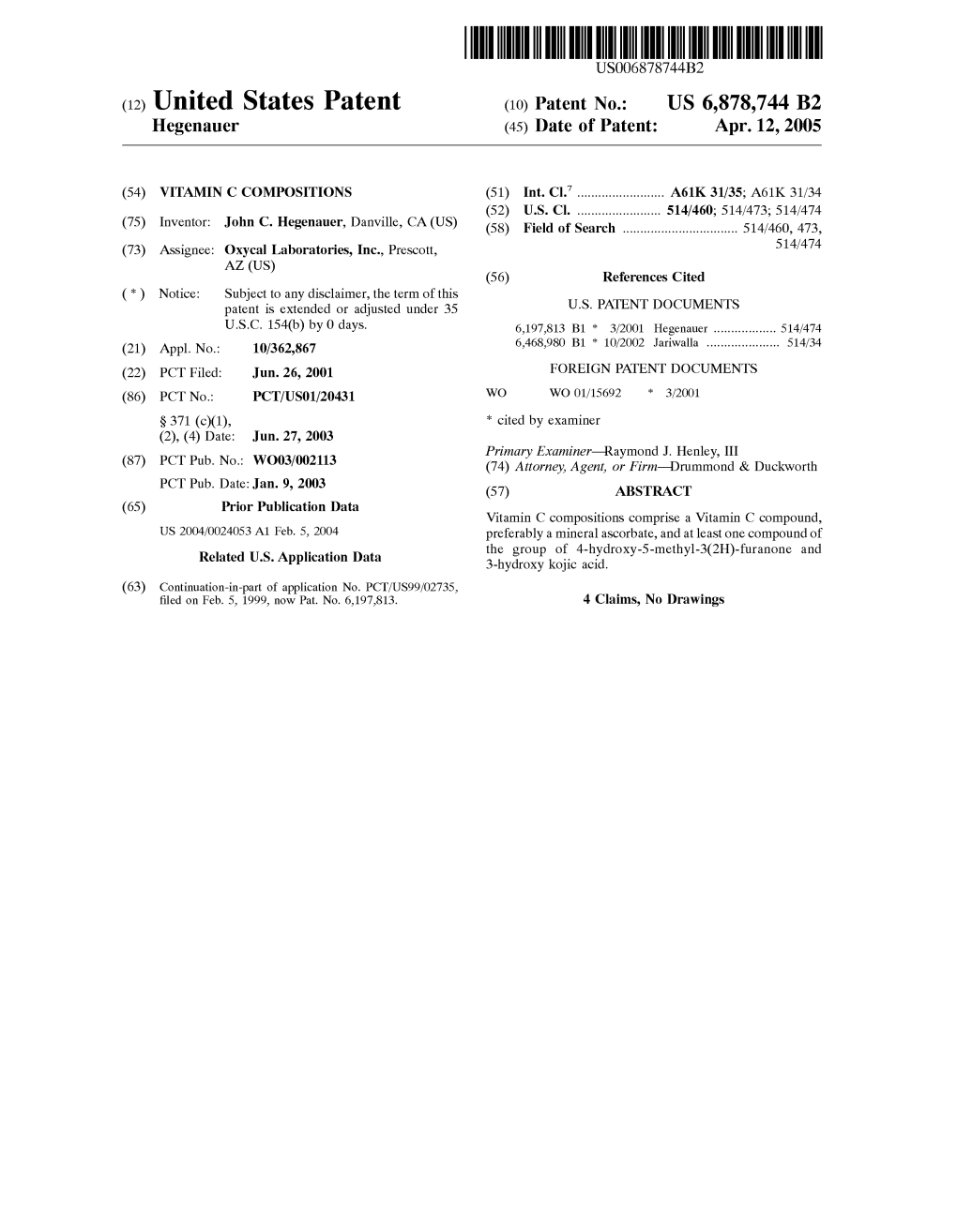 (10) Patent No.: US 6878744 B2