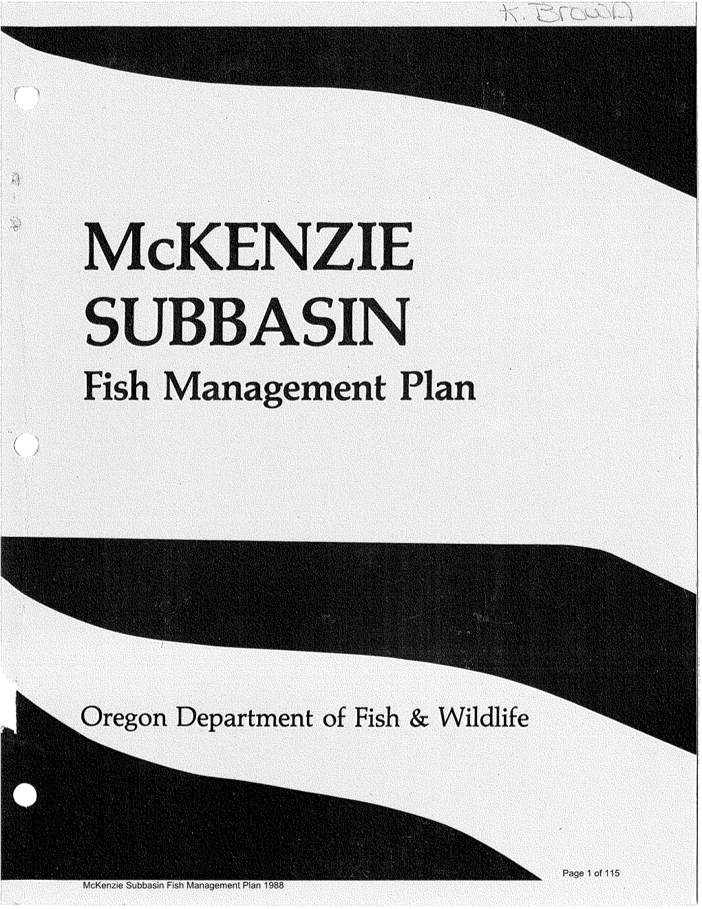 ·Mckenzie SUBBASIN Fish Management Plan