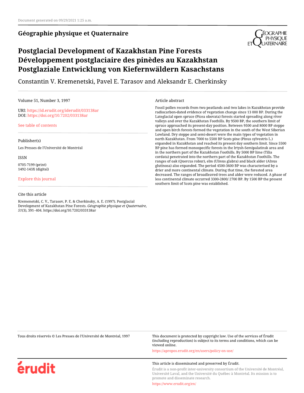 Postglacial Development of Kazakhstan Pine Forests