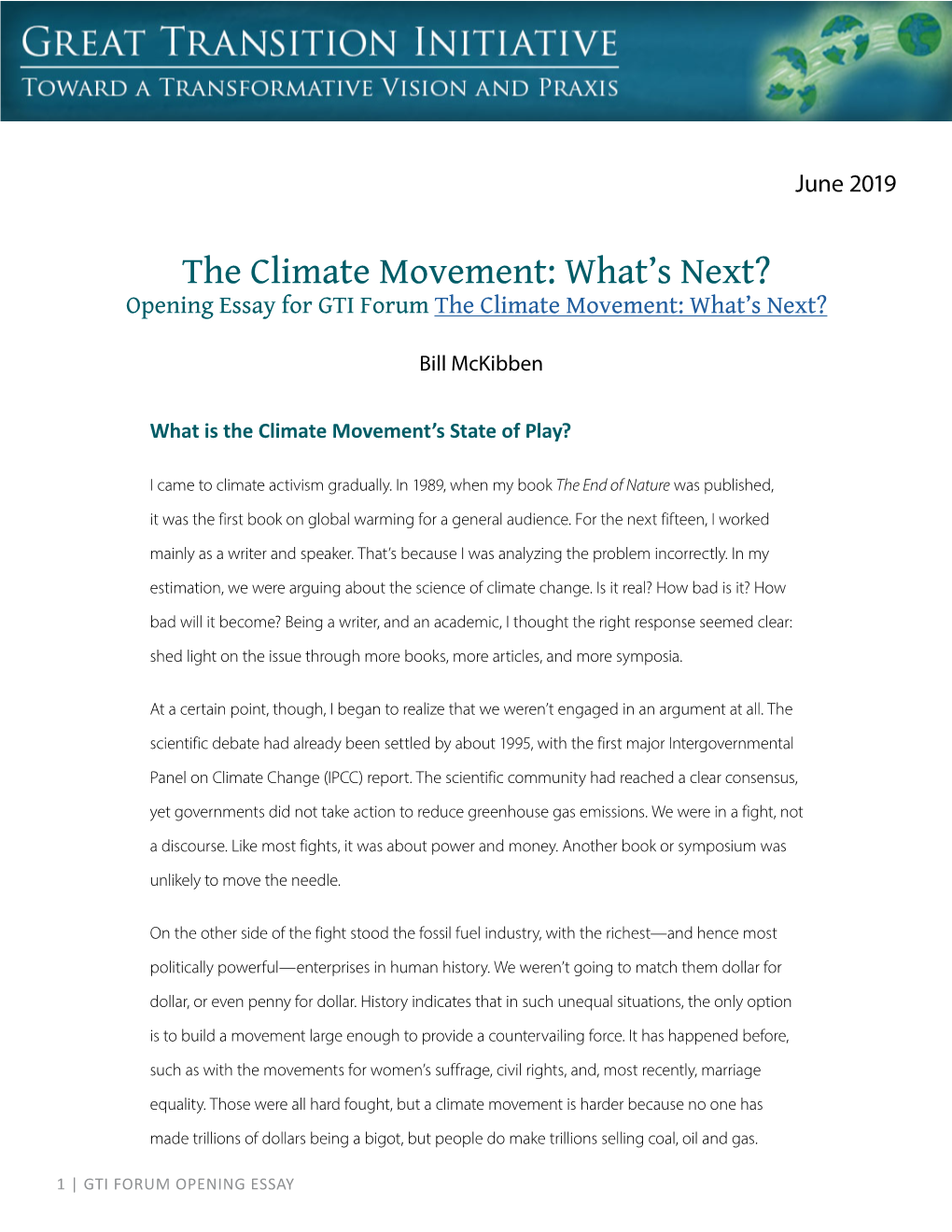 The Climate Movement: What’S Next? Opening Essay for GTI Forum the Climate Movement: What’S Next?