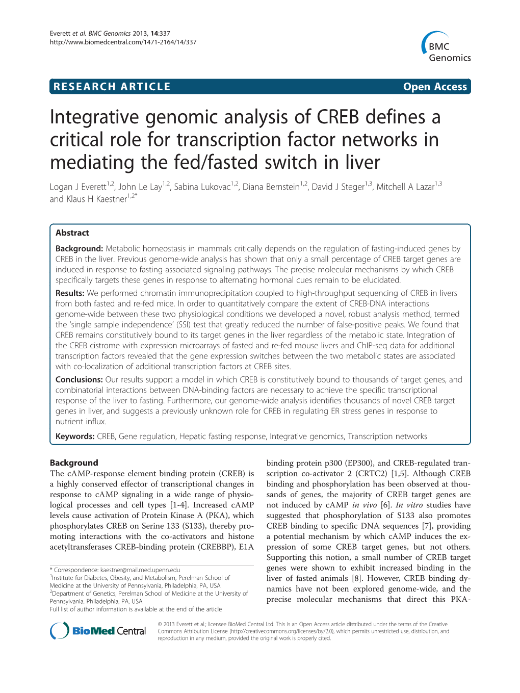Integrative Genomic Analysis of CREB Defines a Critical Role For