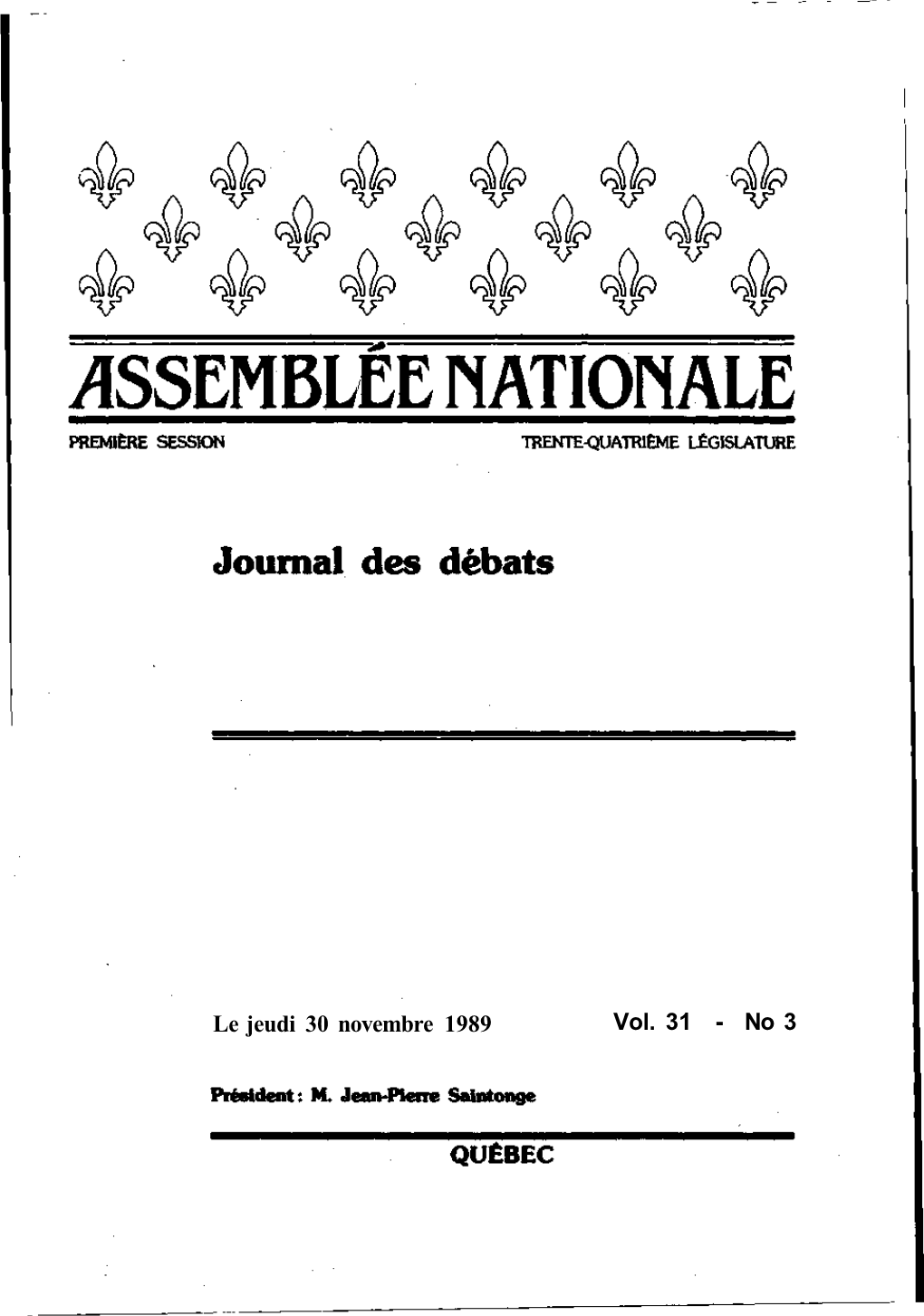 Le Jeudi 30 Novembre 1989 Vol. 31 - No 3 Table Des Matières