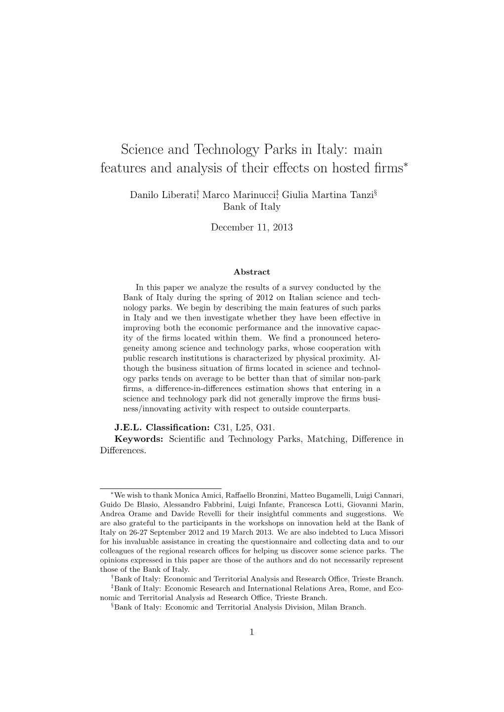 Science and Technology Parks in Italy: Main Features and Analysis of Their Eﬀects on Hosted ﬁrms∗