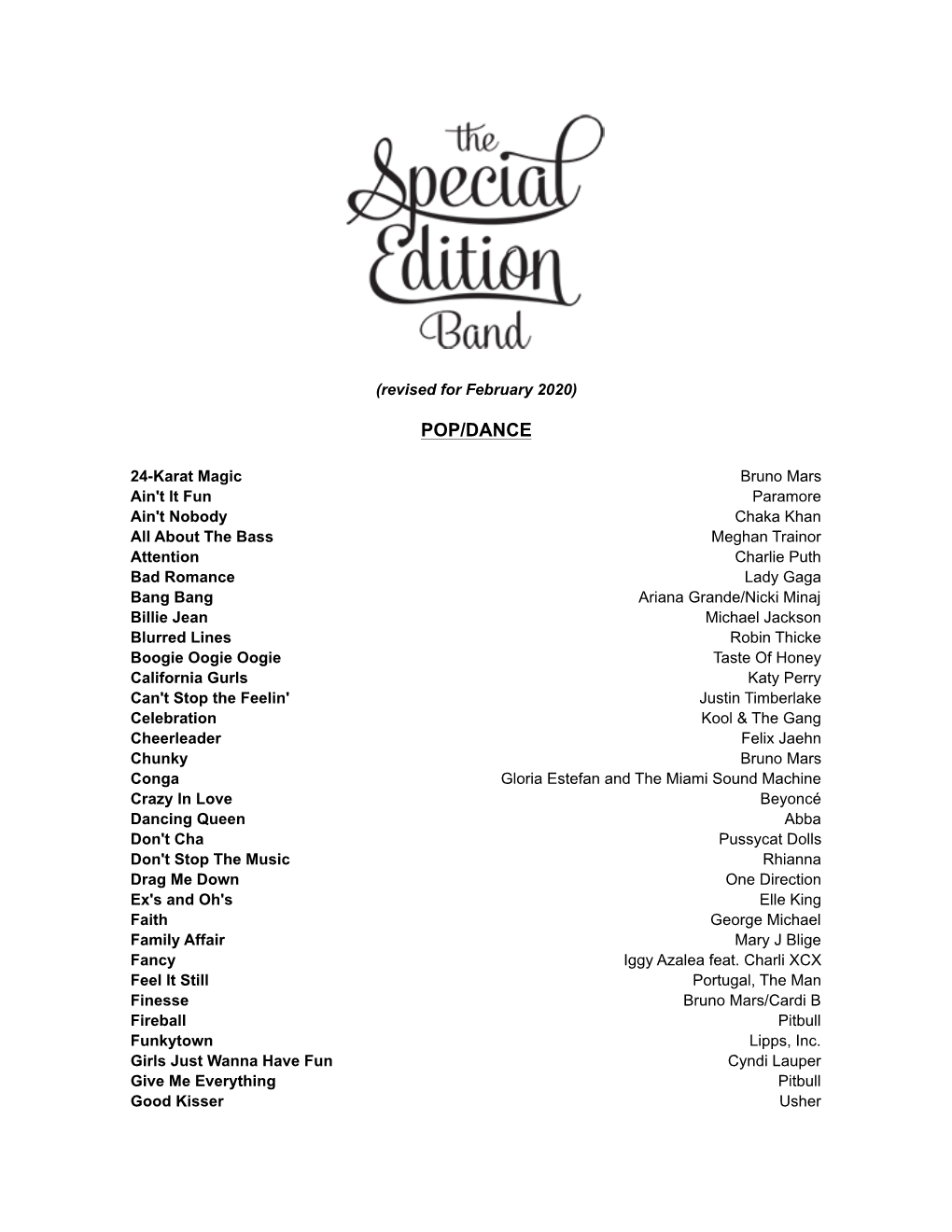 Special Edition Band Songlist