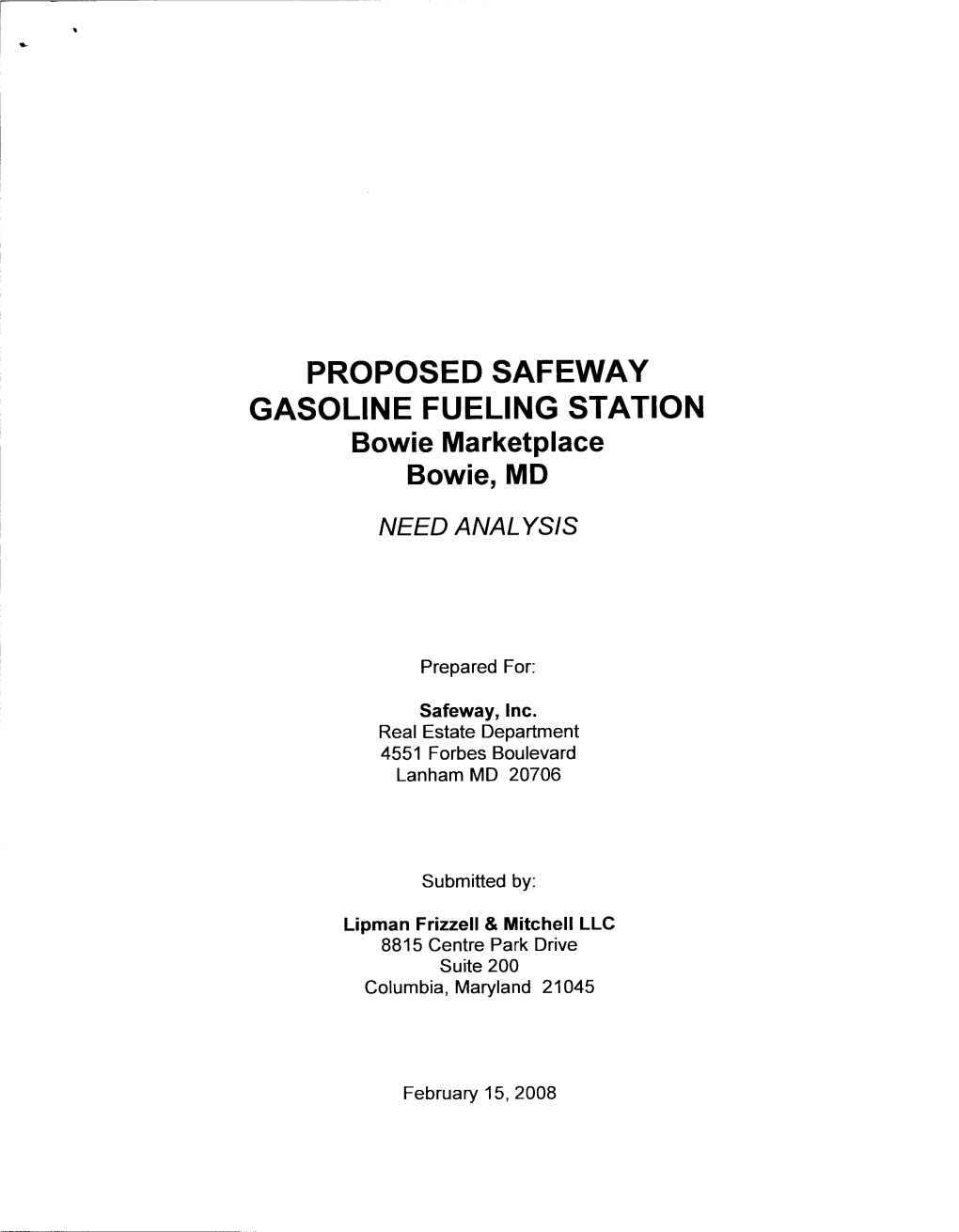 PROPOSED SAFEWAY GASOLINE FUELING STATION Bowie Marketplace Bowie MD