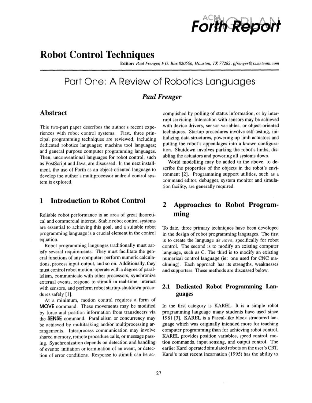 Robot Control Techniques Editor: Paul Frenger, P O