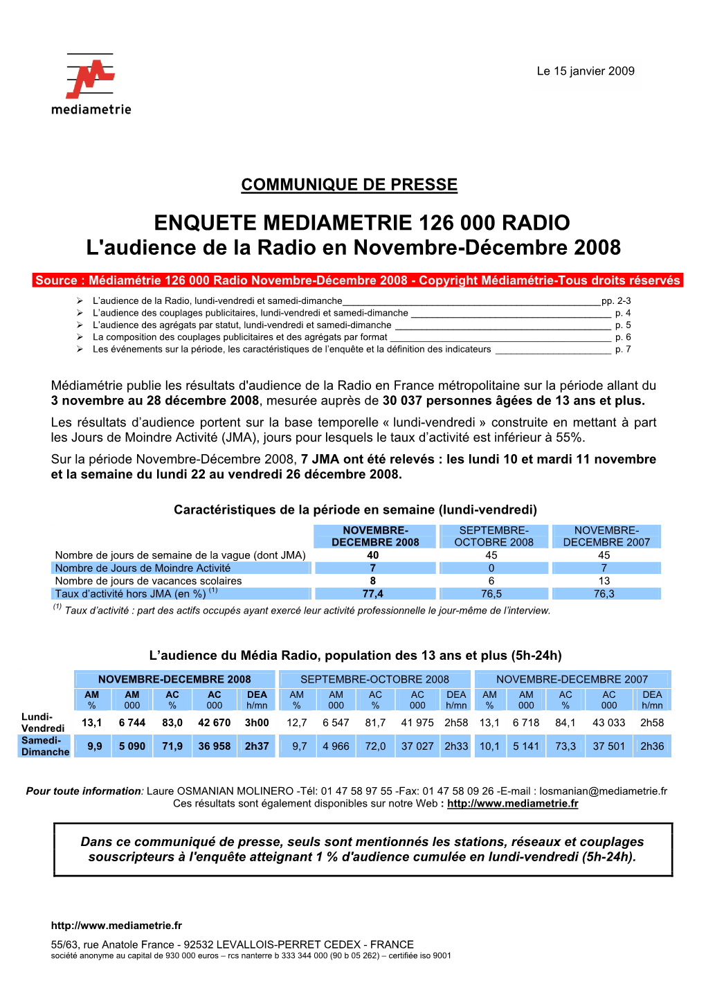 ENQUETE MEDIAMETRIE 126 000 RADIO L'audience De La Radio En Novembre-Décembre 2008