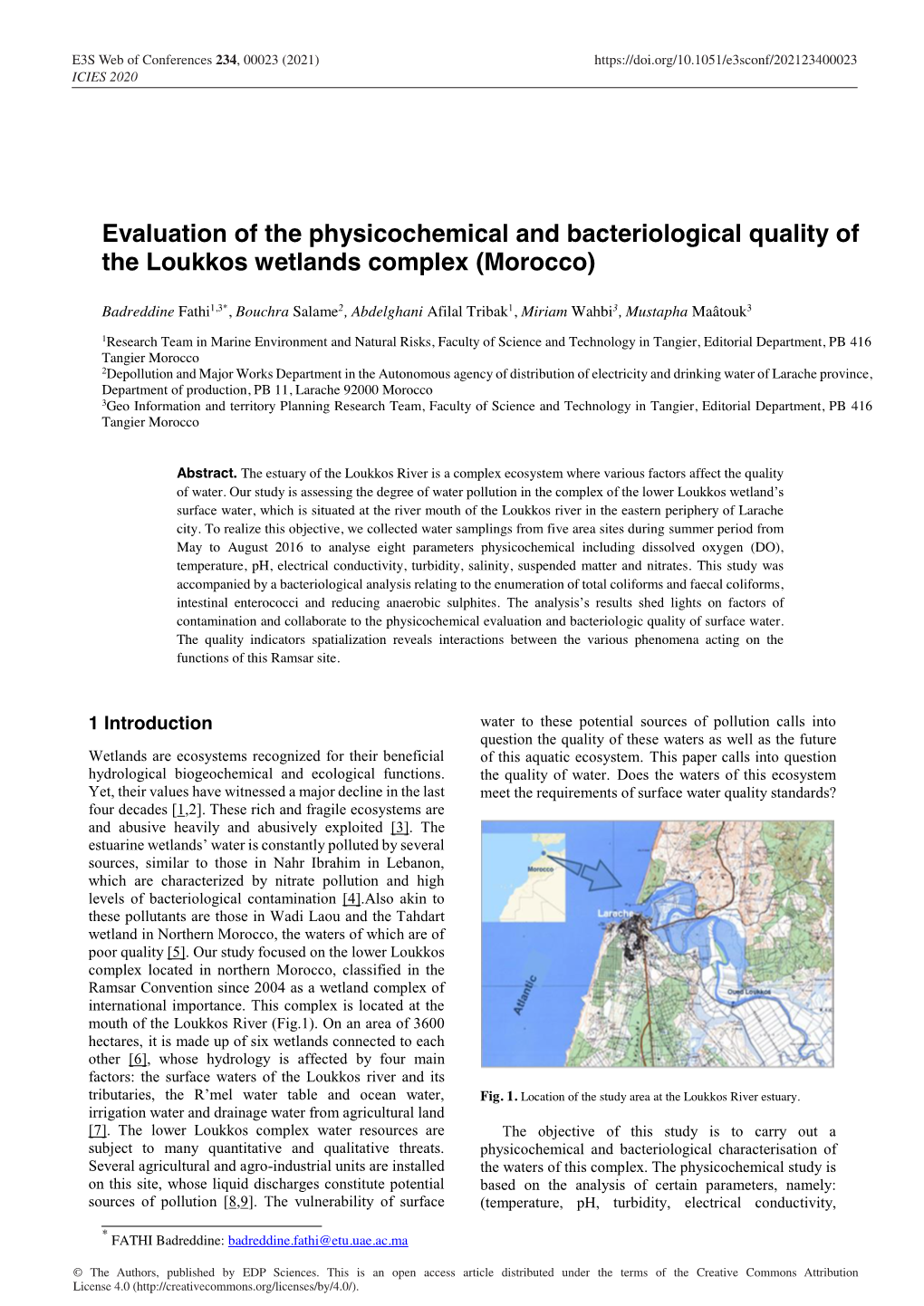 Evaluation of the Physicochemical and Bacteriological Quality of the Loukkos Wetlands Complex (Morocco)