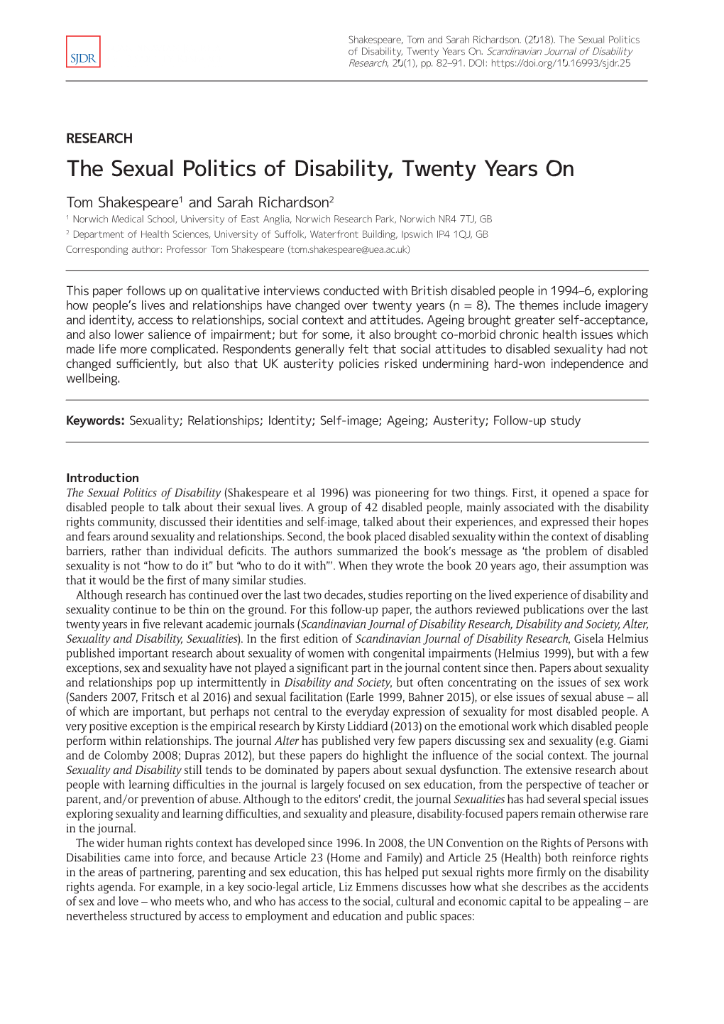 The Sexual Politics of Disability, Twenty Years On