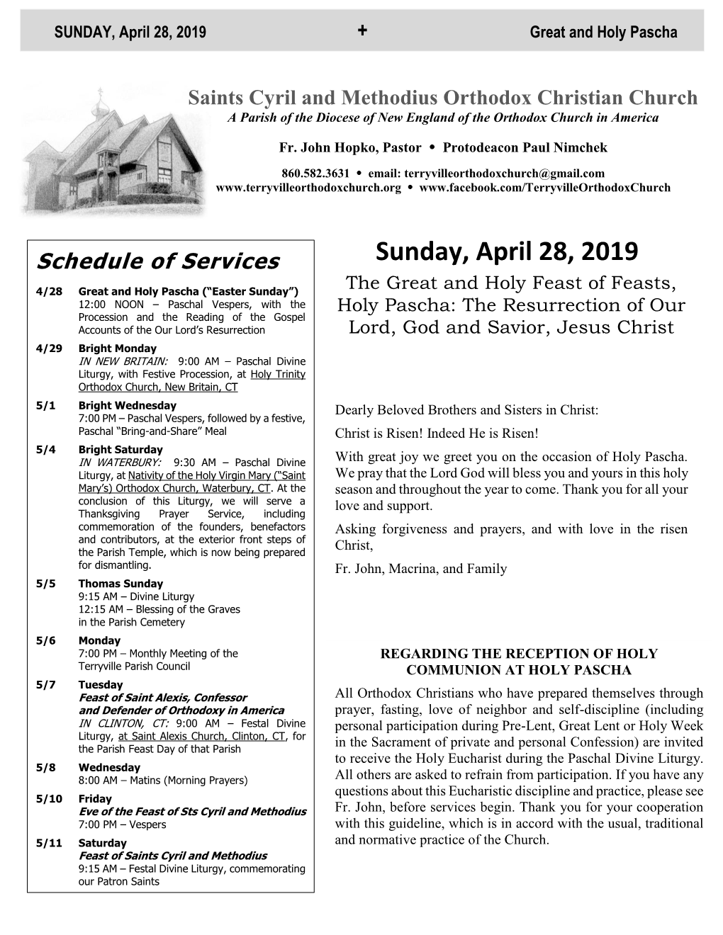 SUNDAY, April 28, 2019 + Great and Holy Pascha