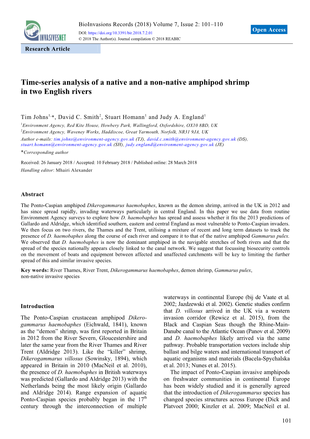 Time-Series Analysis of a Native and a Non-Native Amphipod Shrimp in Two English Rivers