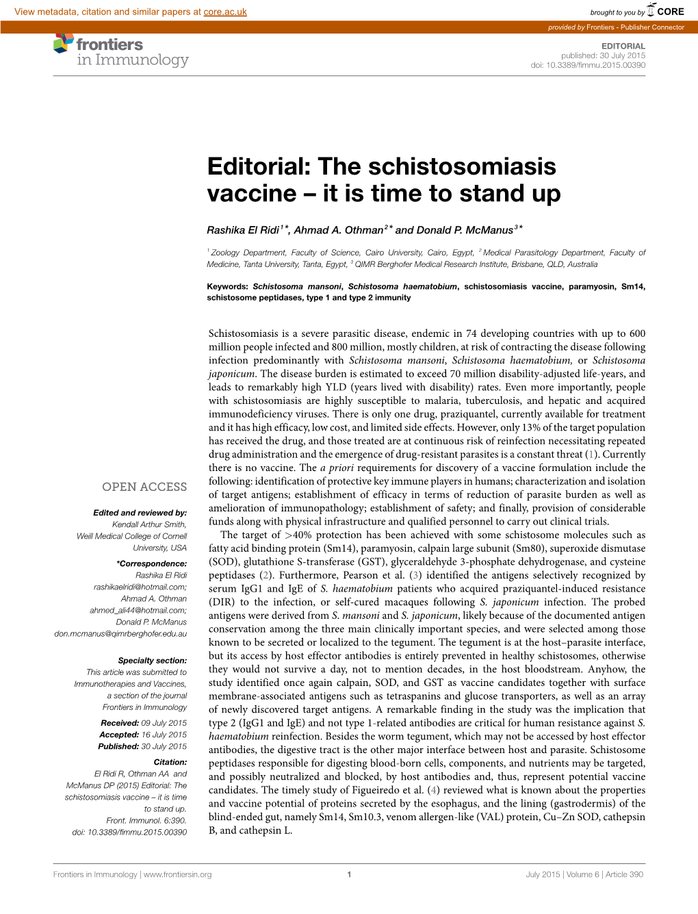 The Schistosomiasis Vaccine – It Is Time to Stand Up