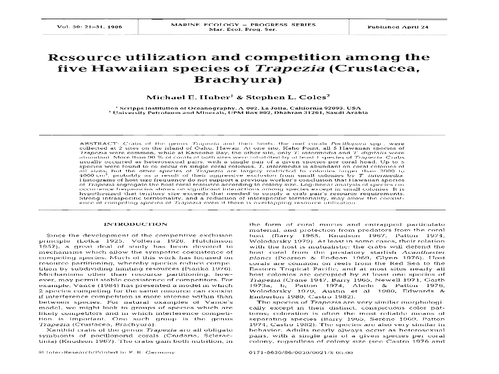 Resource Utilization and Competition Among the Five Hawaiian Species of Trapezia (Crustacea, Brachyura)