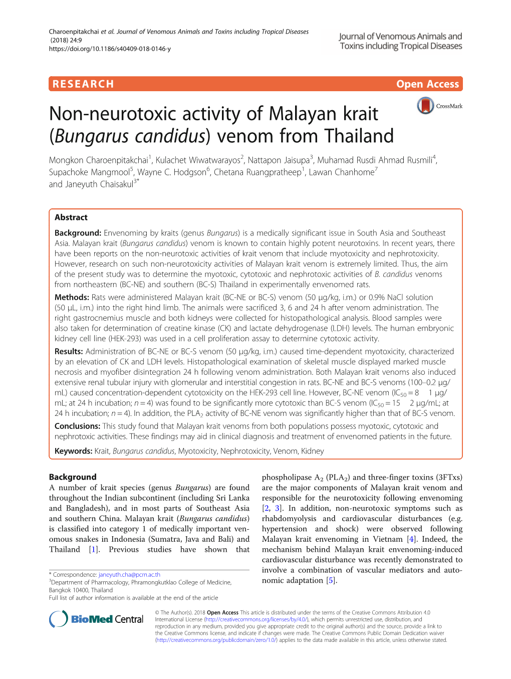 Non-Neurotoxic Activity of Malayan Krait (Bungarus Candidus)