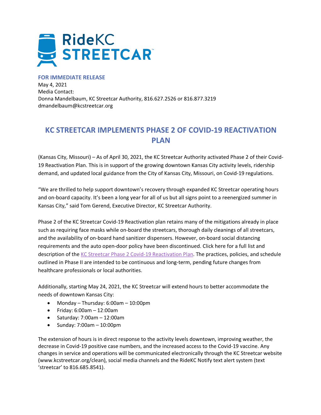 Kc Streetcar Implements Phase 2 of Covid-19 Reactivation Plan
