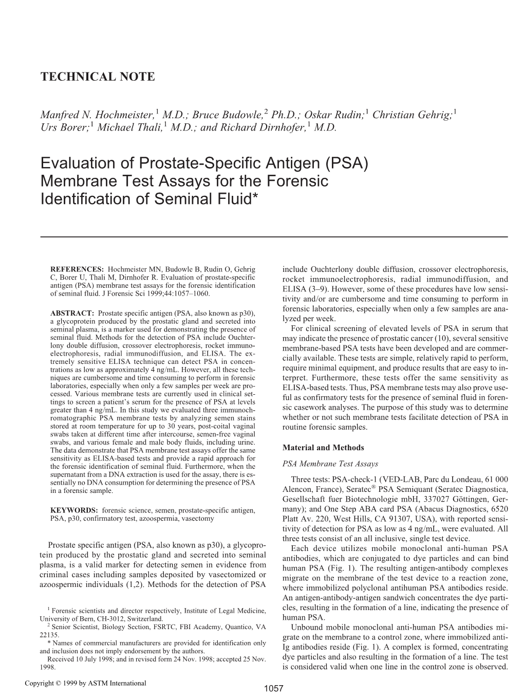 PSA) Membrane Test Assays for the Forensic Identification of Seminal Fluid*