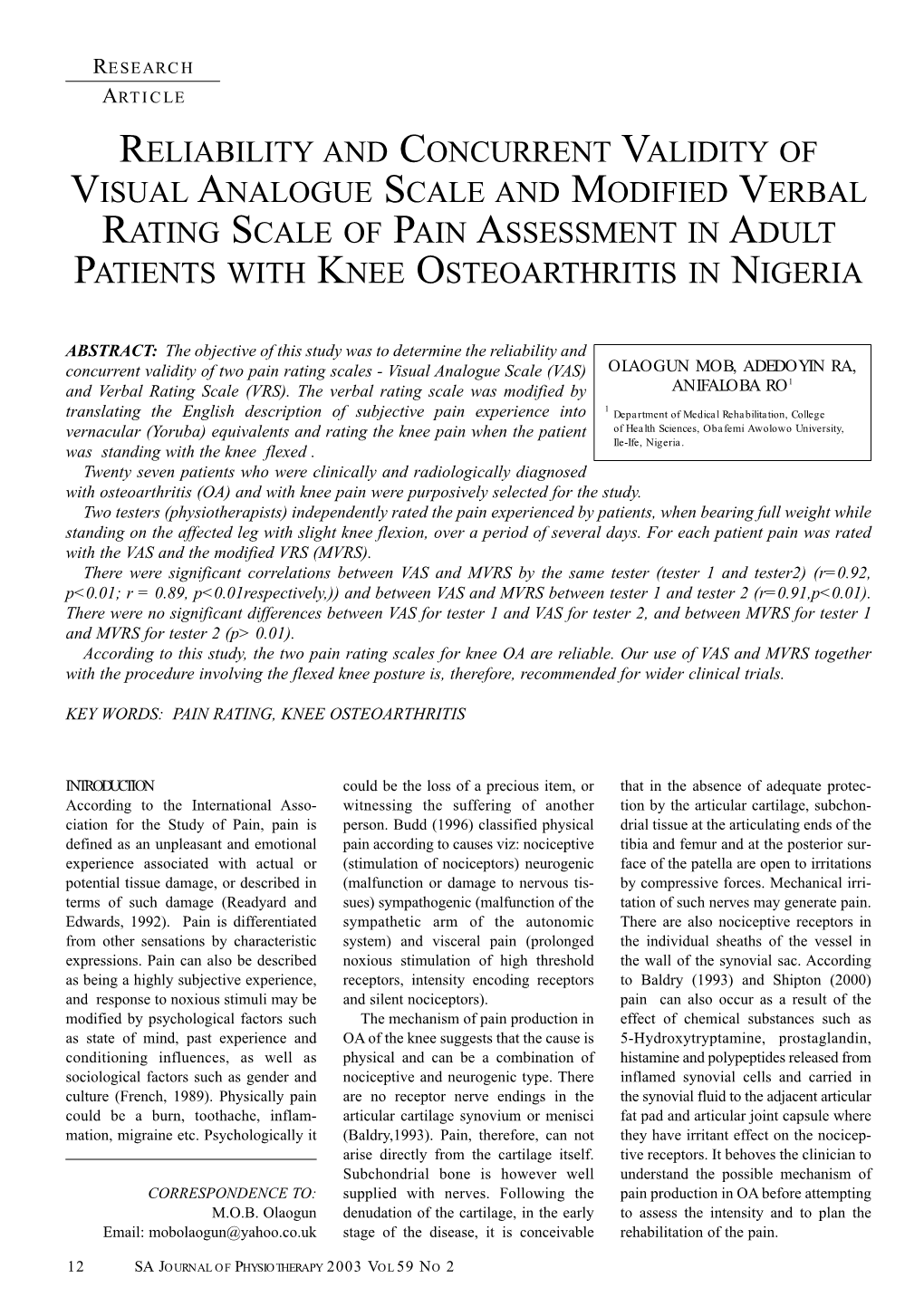 Reliability and Concurrent Validity of Visual Analogue Scale and Modified Verbal Rating Scale of Pain Assessment in Adult Patients with Knee Osteoarthritis in Nigeria