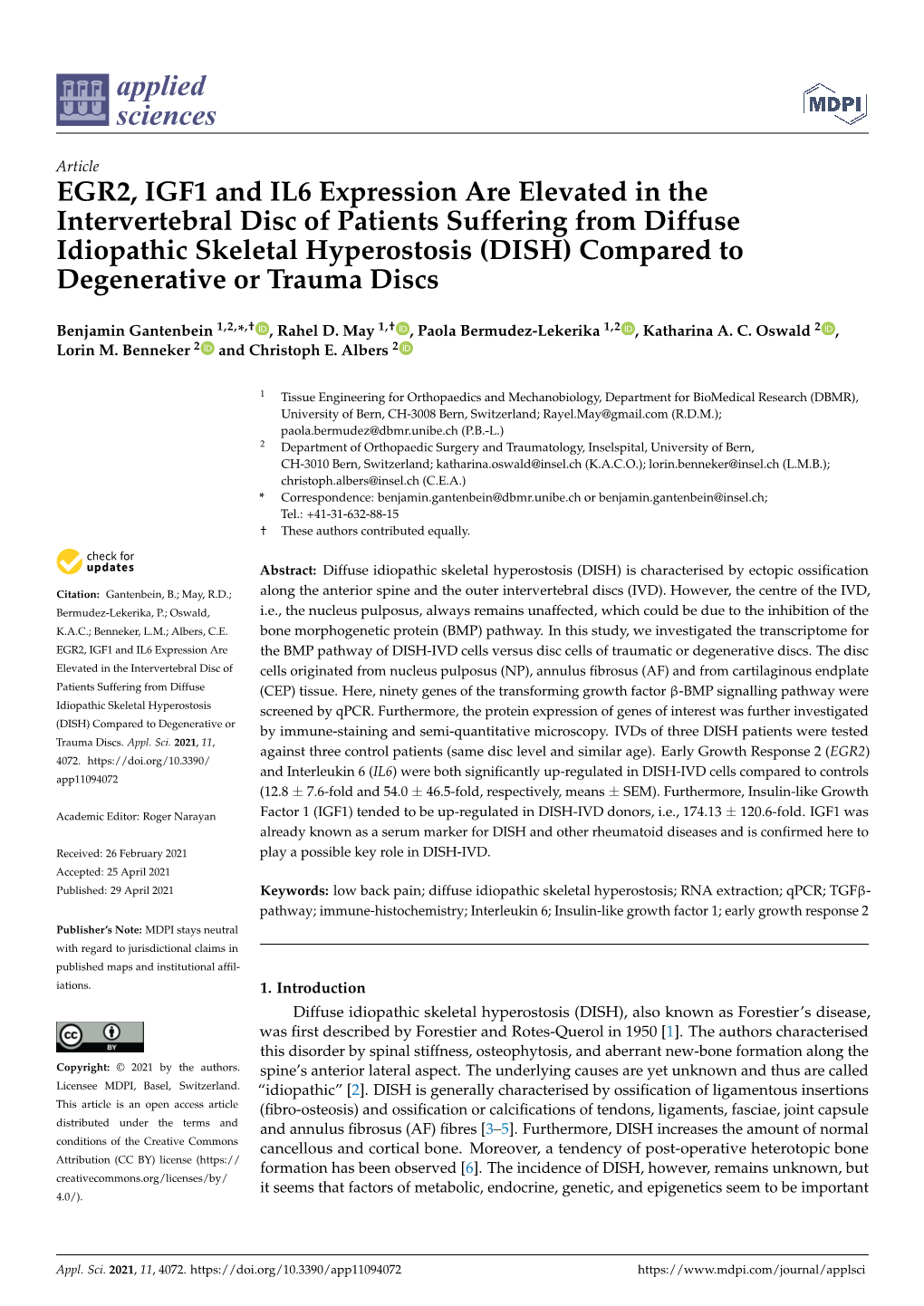 EGR2, IGF1 and IL6 Expression Are Elevated in the Intervertebral Disc