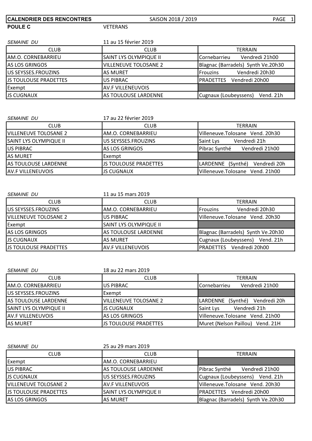 SAISON 2018 / 2019 PAGE 1 VETERANS 11 Au 15 Février 2019 CLUB CLUB TERRAIN AM.O. CORNEBARRIEU SAINT LYS OLYMPIQUE II Corneba