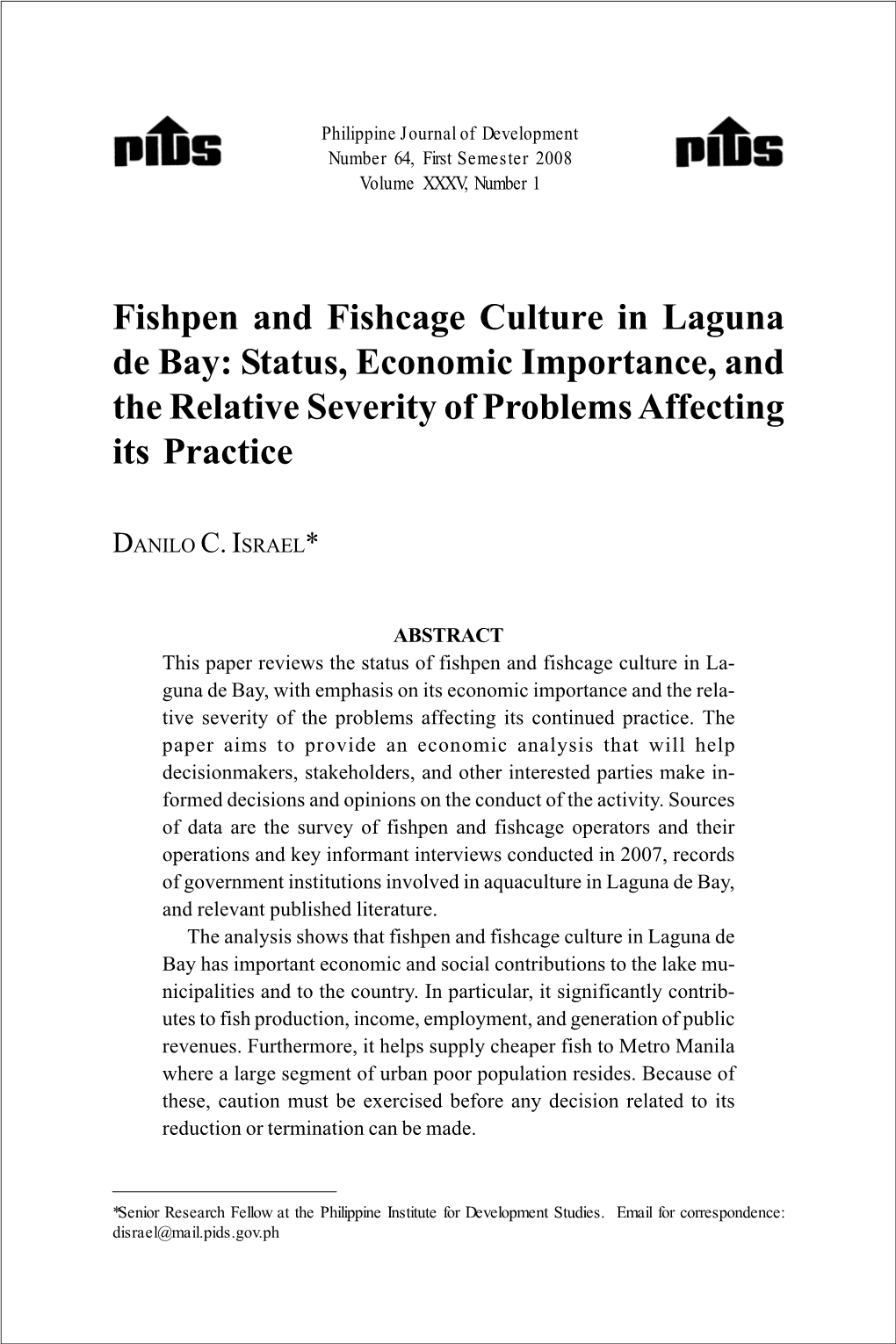 Fishpen and Fishcage Culture in Laguna De Bay: Status, Economic Importance, and the Relative Severity of Problems Affecting Its Practice