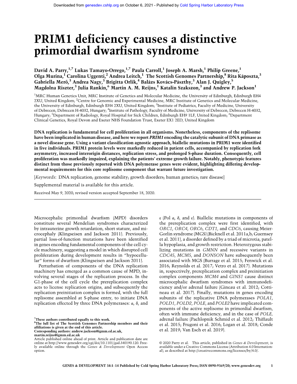 PRIM1 Deficiency Causes a Distinctive Primordial Dwarfism Syndrome