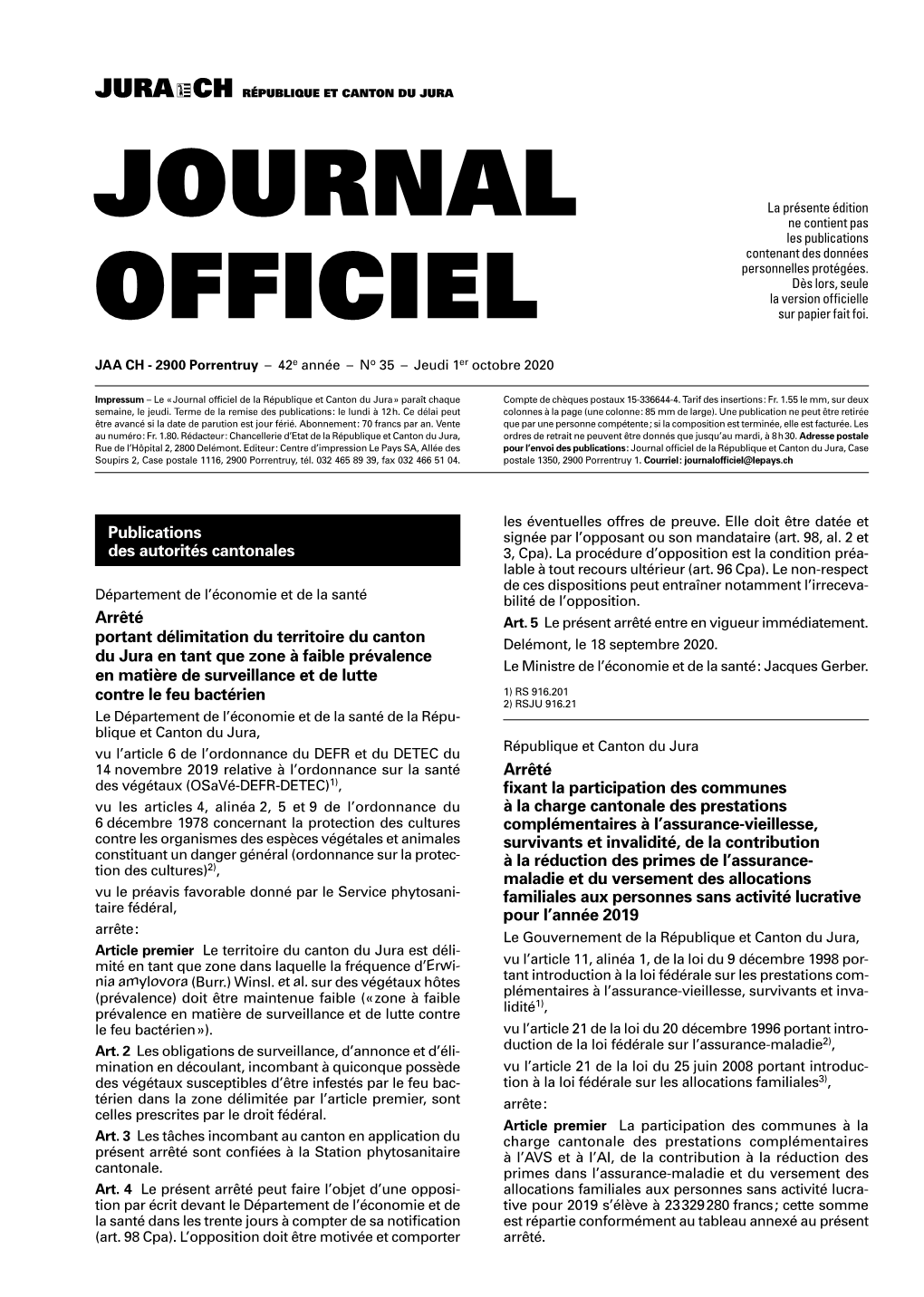 Journal Officiel No 35 Du 01.10.2020