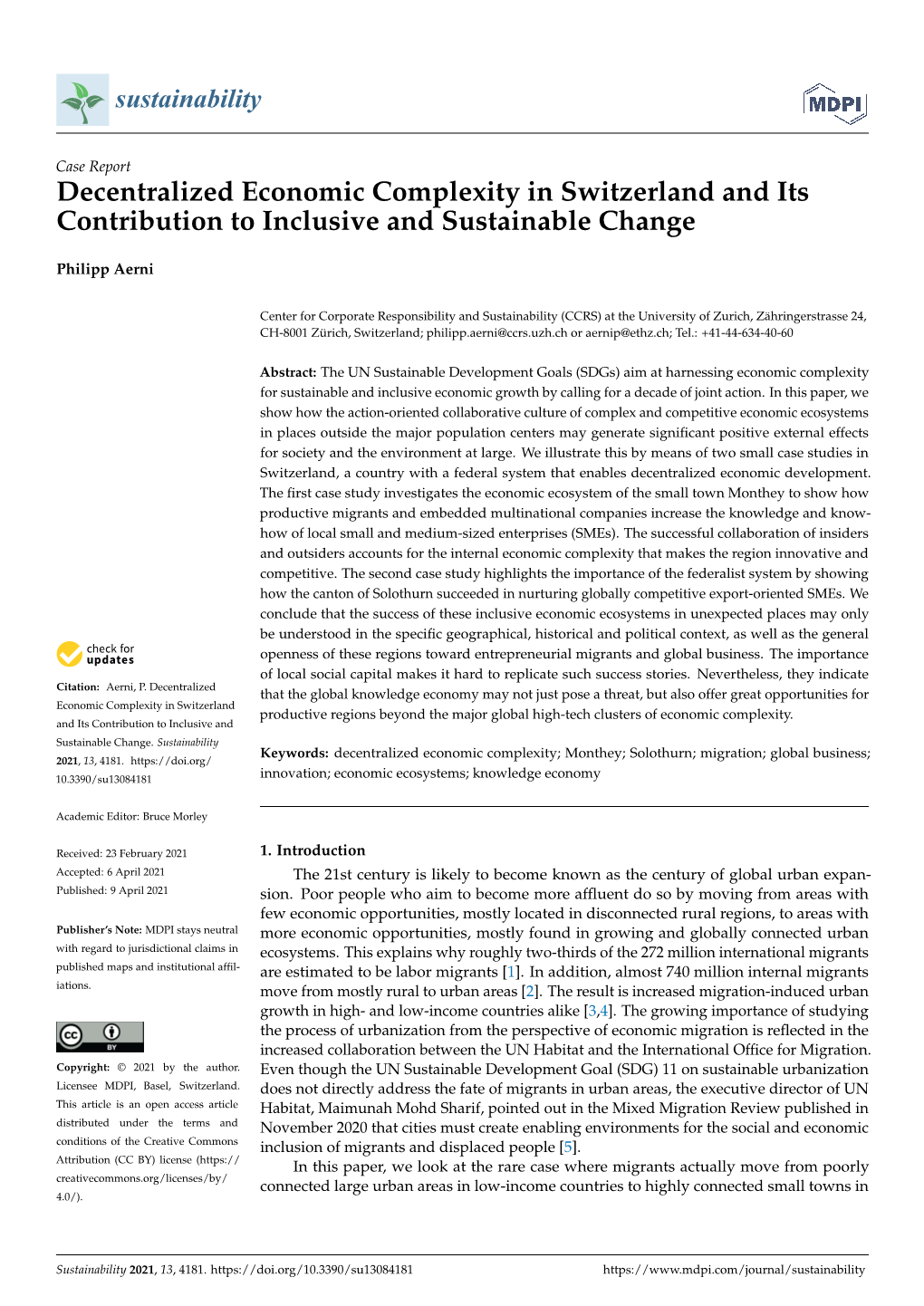 Decentralized Economic Complexity in Switzerland and Its Contribution to Inclusive and Sustainable Change