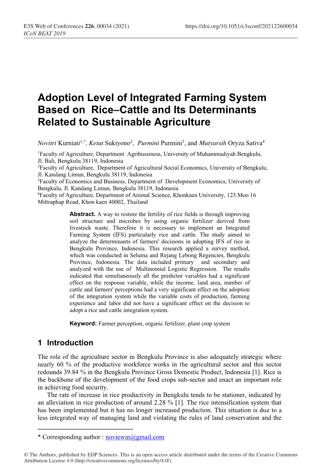 Adoption Level of Integrated Farming System Based on Rice–Cattle and Its Determinants Related to Sustainable Agriculture