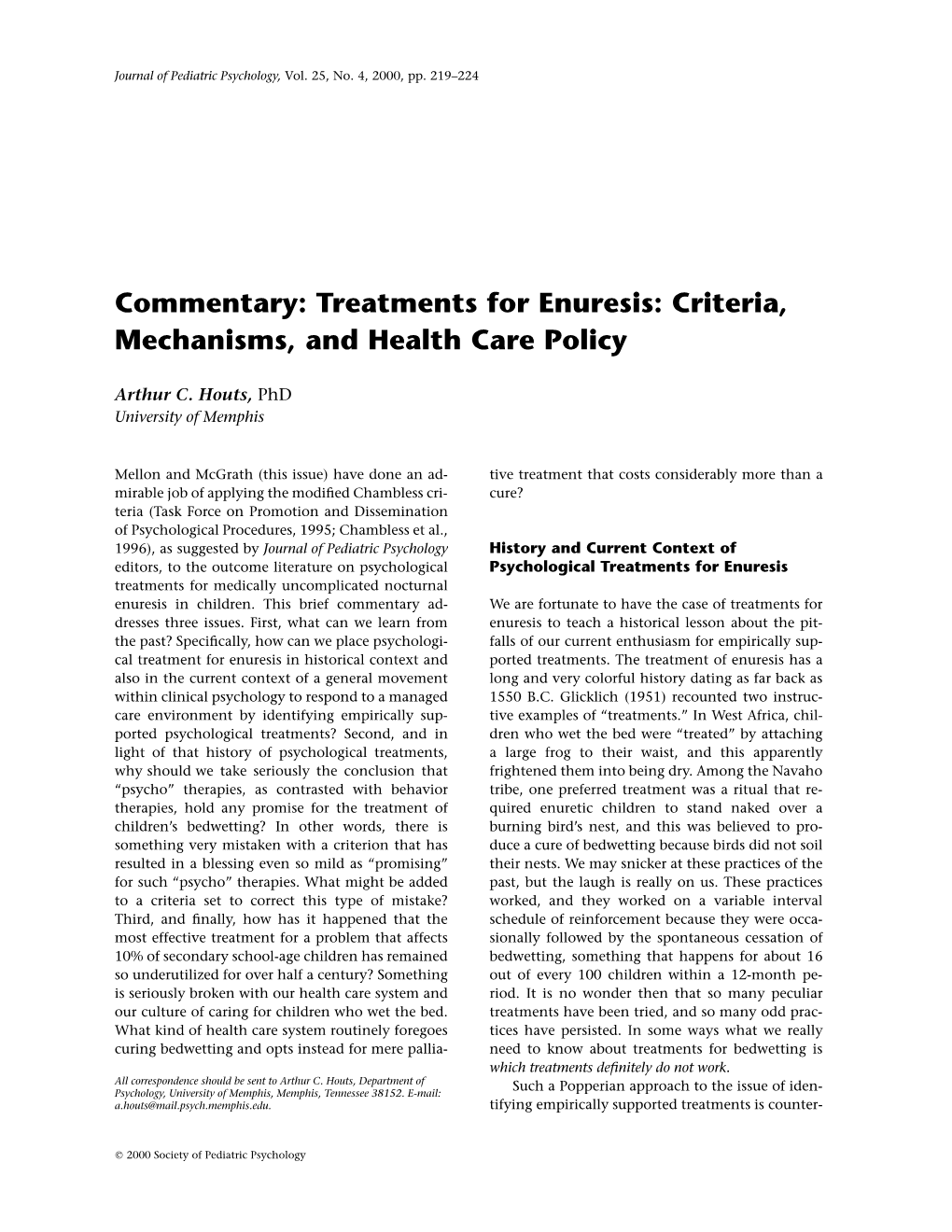 Treatments for Enuresis: Criteria, Mechanisms, and Health Care Policy