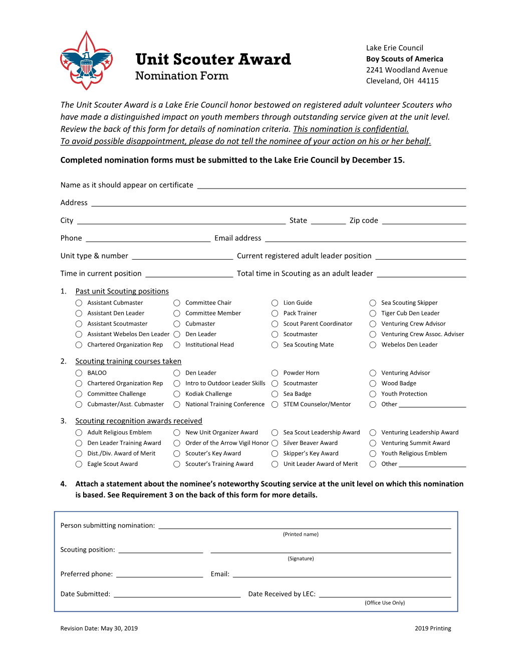 Unit Scouter Award Boy Scouts of America Nomination Form 2241 Woodland Avenue Cleveland, OH 44115