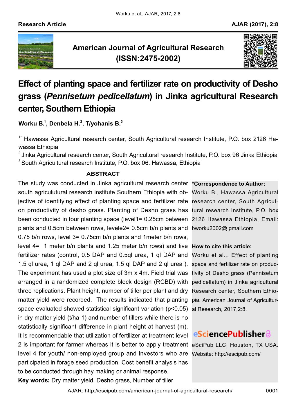 Effect of Planting Space and Fertilizer Rate on Productivity of Desho Grass (Pennisetum Pedicellatum) in Jinka Agricultural Research Center, Southern Ethiopia