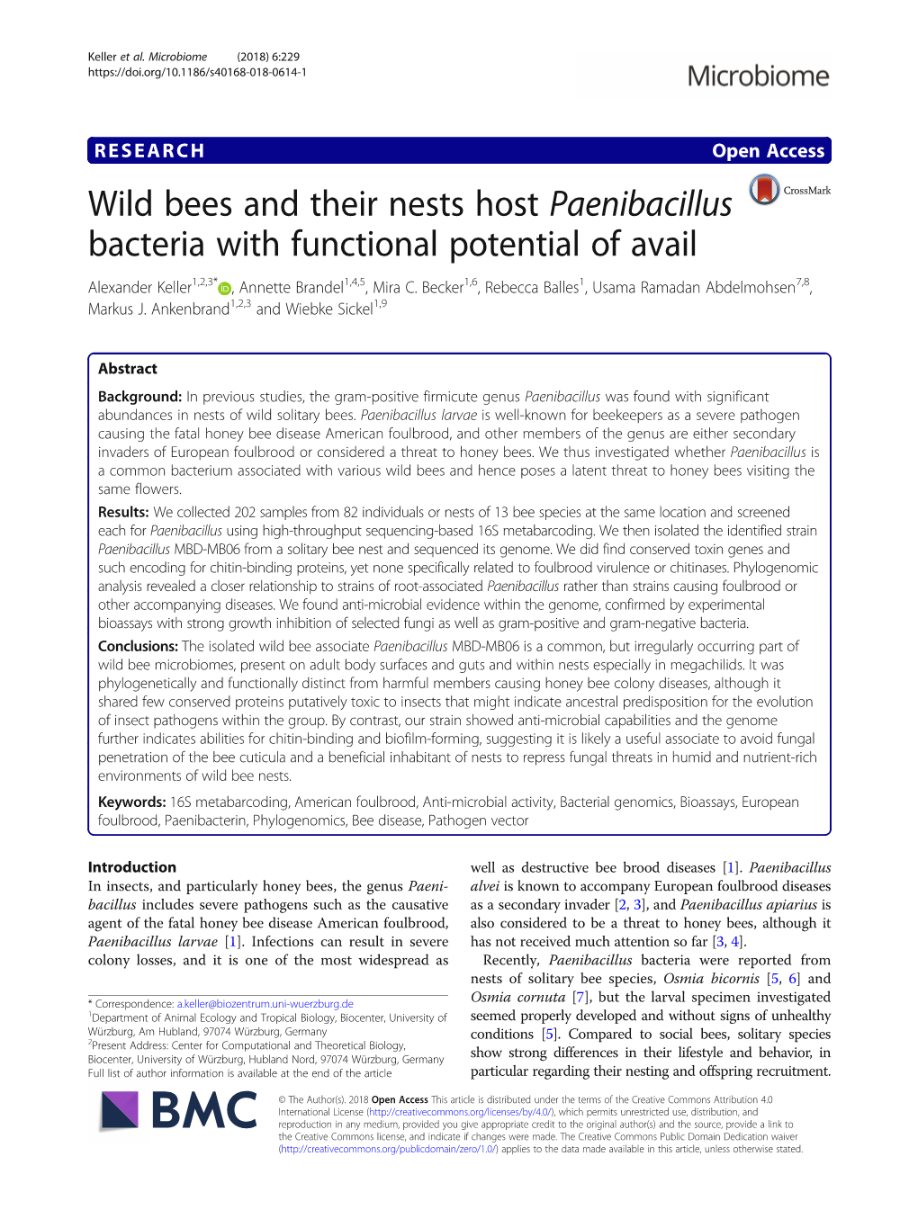 Wild Bees and Their Nests Host Paenibacillus Bacteria with Functional Potential of Avail Alexander Keller1,2,3* , Annette Brandel1,4,5, Mira C