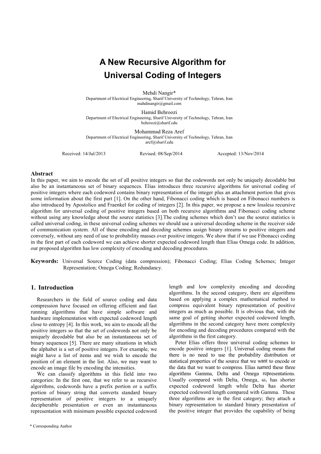 A New Recursive Algorithm for Universal Coding of Integers