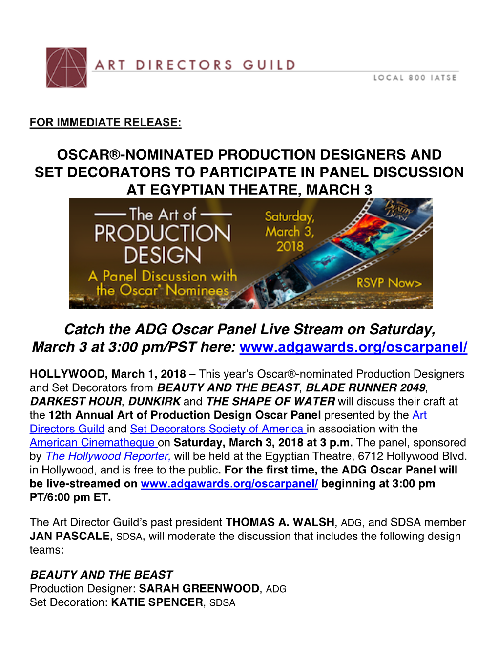 Oscar®-Nominated Production Designers and Set Decorators to Participate in Panel Discussion at Egyptian Theatre, March 3