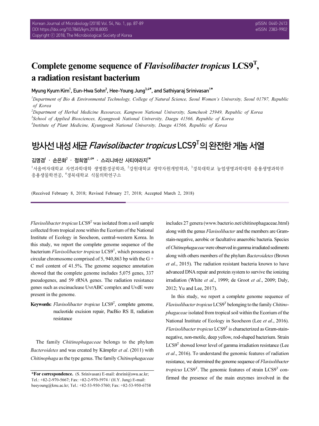 Complete Genome Sequence of Flavisolibacter Tropicus LCS9 , A