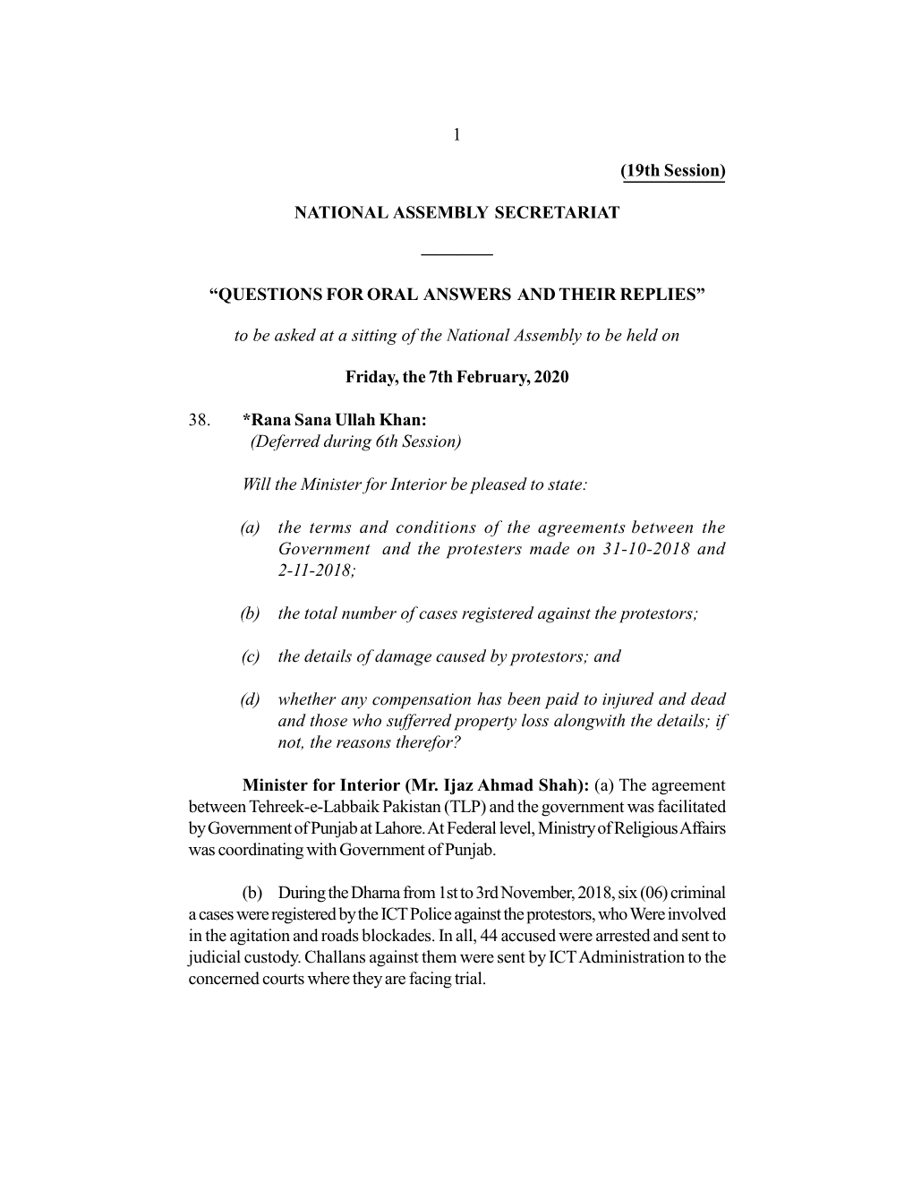 1 (19Th Session) NATIONAL ASSEMBLY SECRETARIAT ———— “QUESTIONS for ORAL ANSWERS and THEIR REPLIES” to Be Asked A