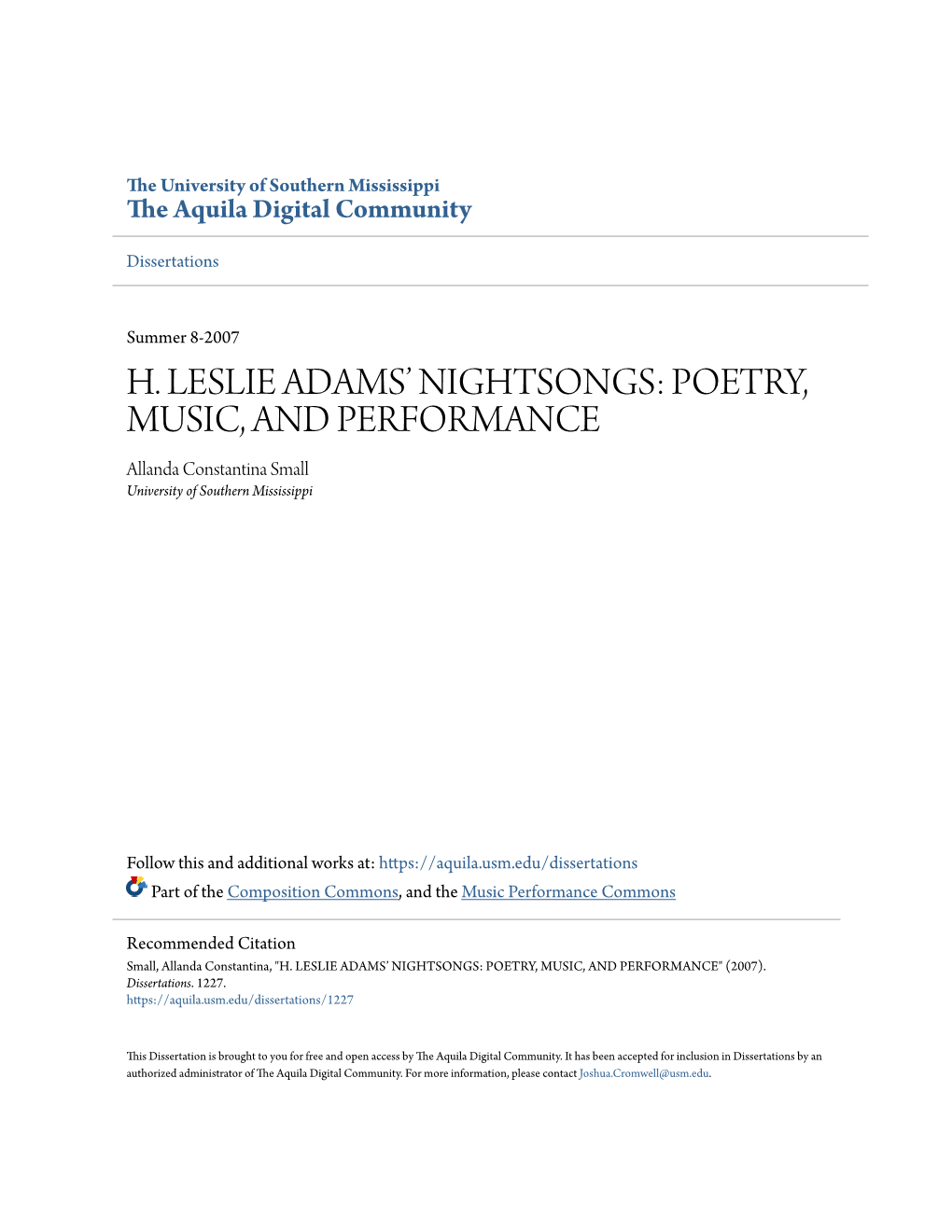 H. Leslie Adams' Nightsongs: Poetry, Music, and Performance