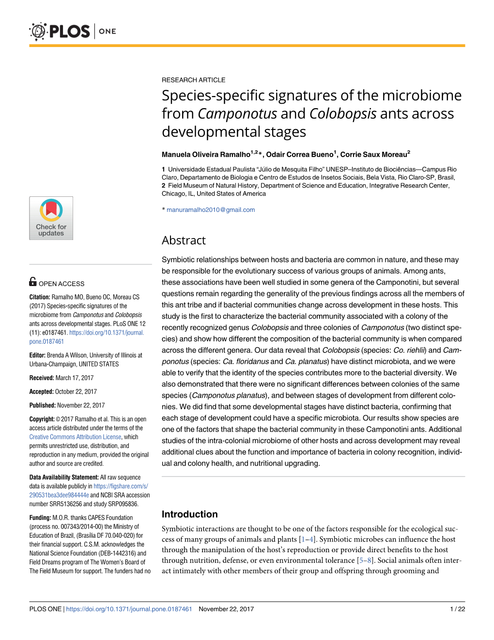 Species-Specific Signatures of the Microbiome from Camponotus and Colobopsis Ants Across Developmental Stages