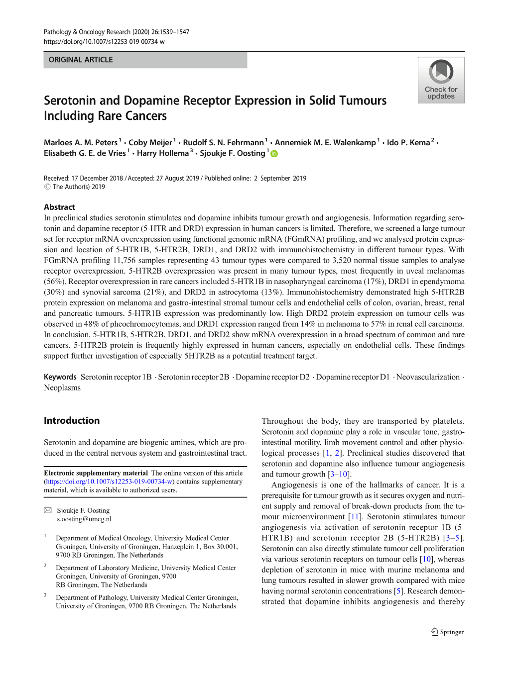 Serotonin and Dopamine Receptor Expression in Solid Tumours Including Rare Cancers