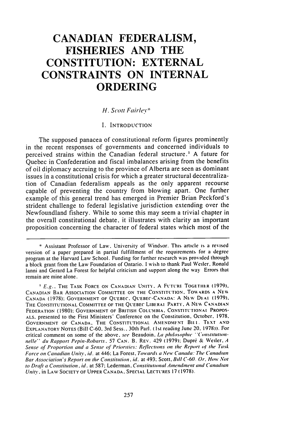 Canadian Federalism, Fisheries and the Constitution: External Constraints on Internal Ordering