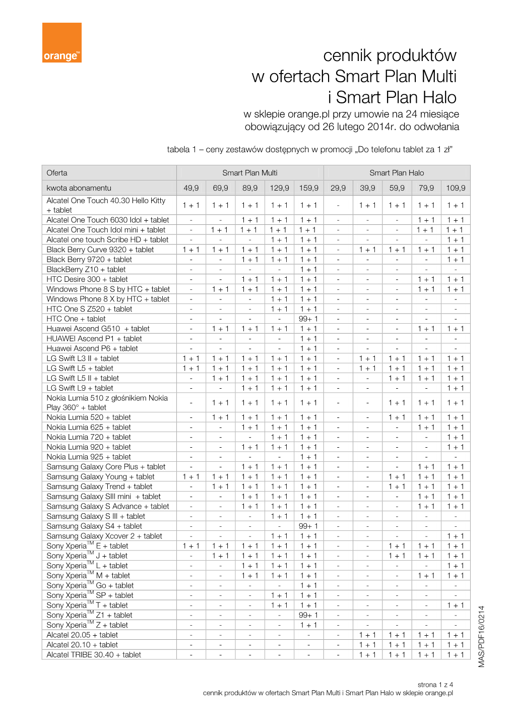 Cennik Produktów W Ofertach Smart Plan Multi I Smart Plan Halo W Sklepie Orange.Pl Przy Umowie Na 24 Miesiące Obowiązujący Od 26 Lutego 2014R