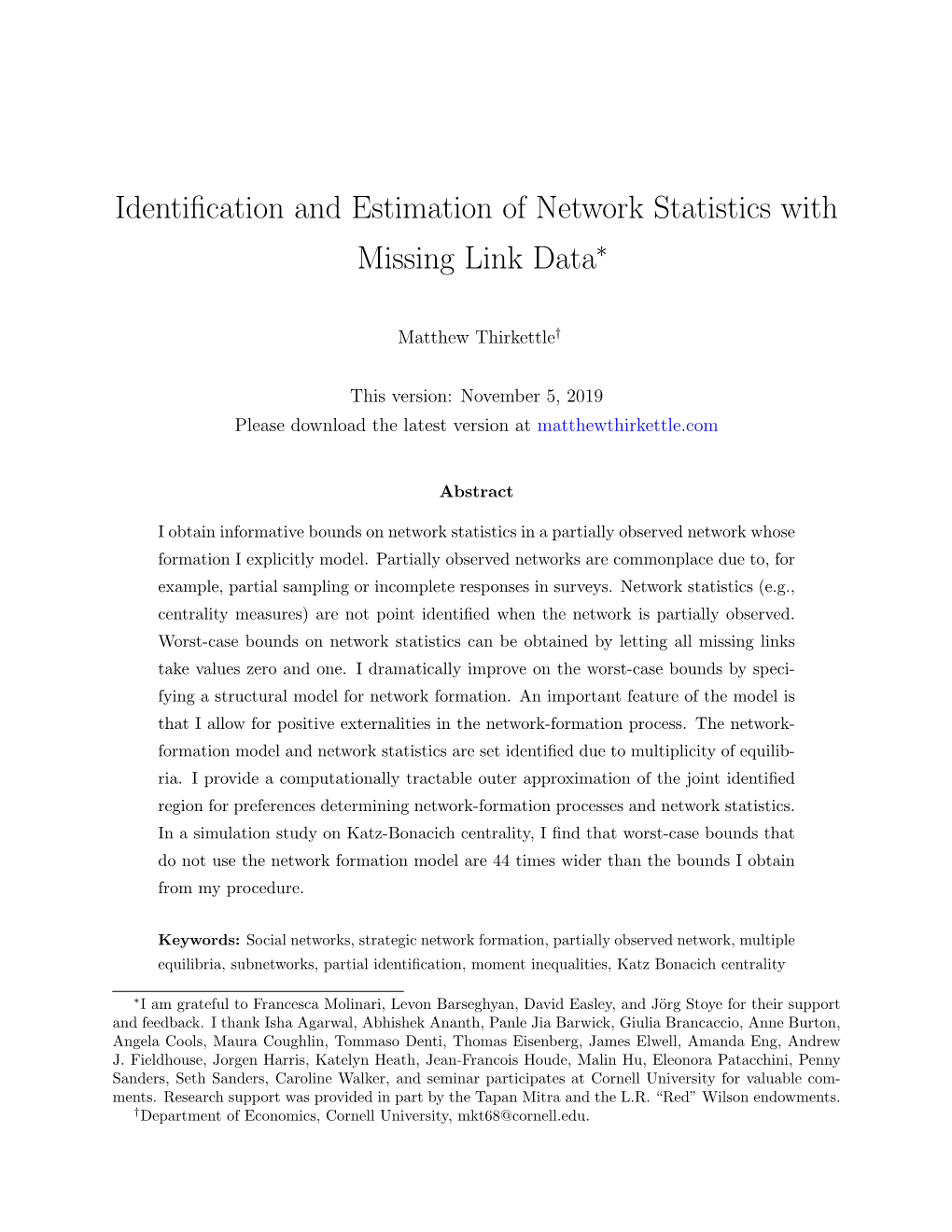 Identification and Estimation of Network Statistics with Missing Link