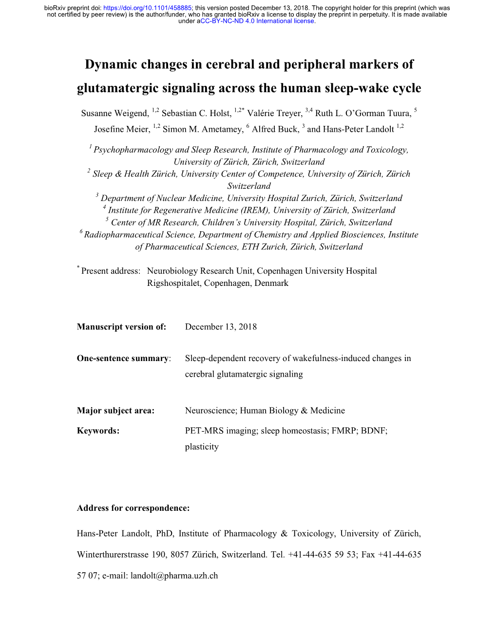 Dynamic Changes in Cerebral and Peripheral Markers of Glutamatergic Signaling Across the Human Sleep-Wake Cycle