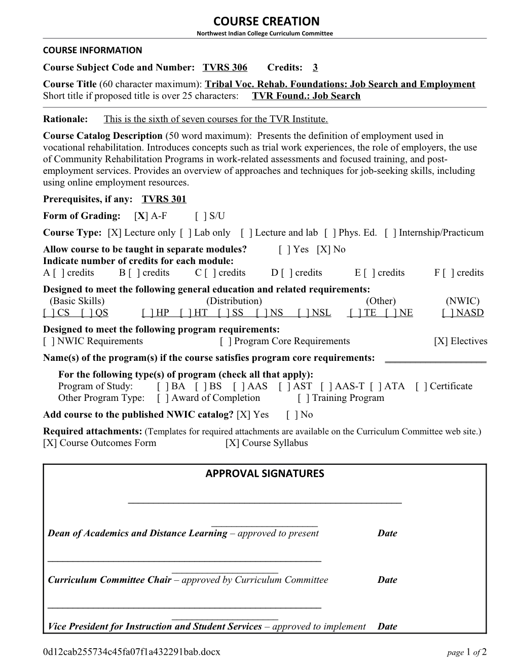 Cover Sheet: New Academic Course Proposal