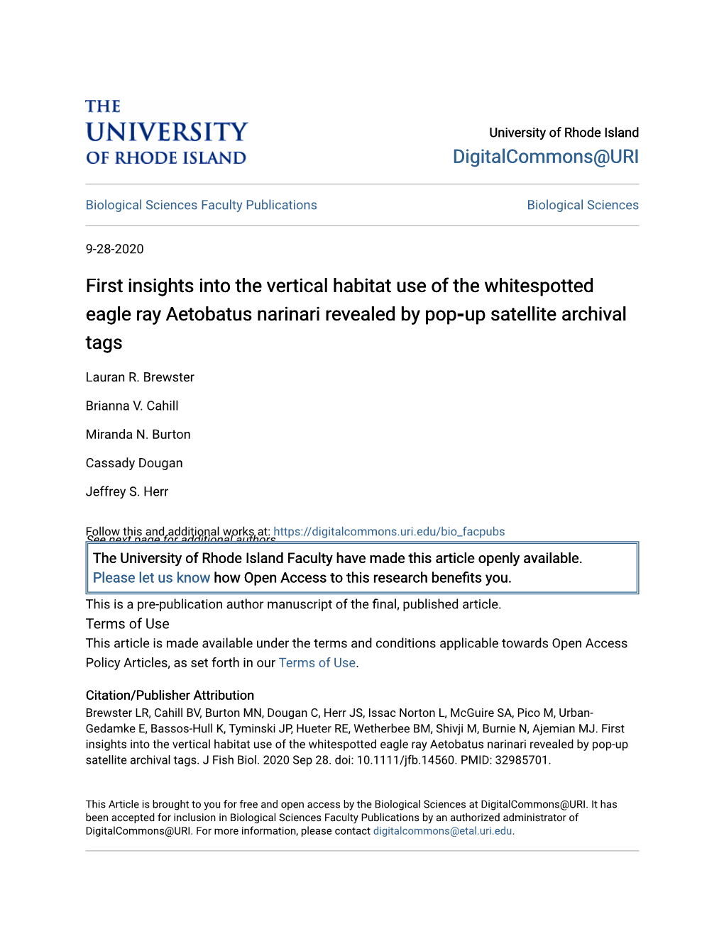 First Insights Into the Vertical Habitat Use of the Whitespotted Eagle Ray Aetobatus Narinari Revealed by Pop‐Up Satellite Archival Tags