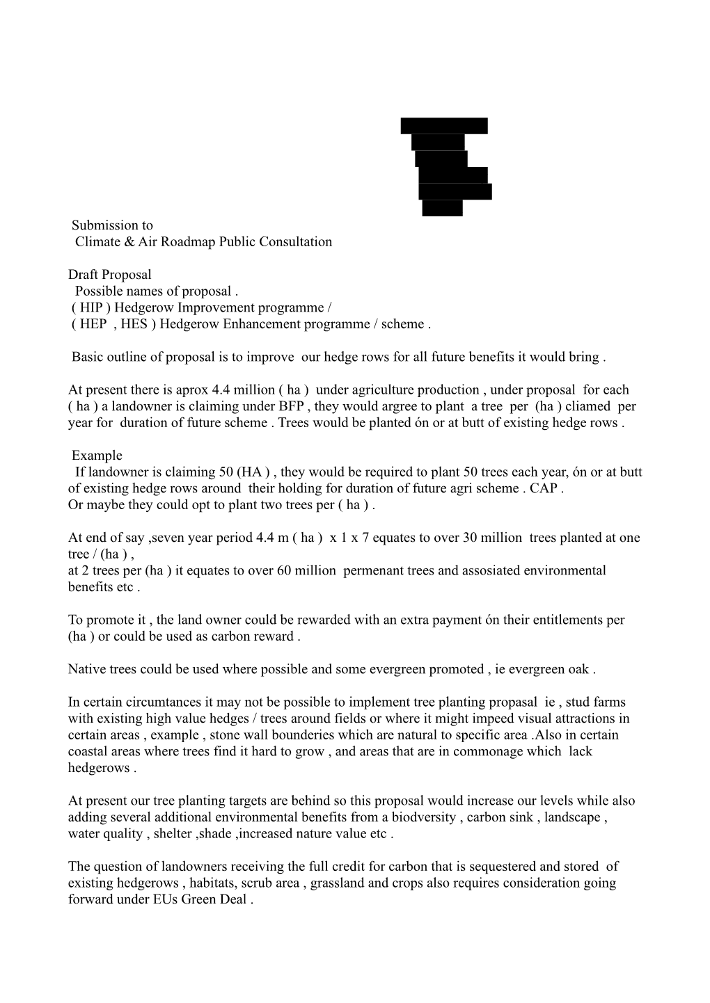 James Brennan Larkfield Rathnure Enniscorthy Co. Wexford Ireland Submission to Climate & Air Roadmap Public Consultation