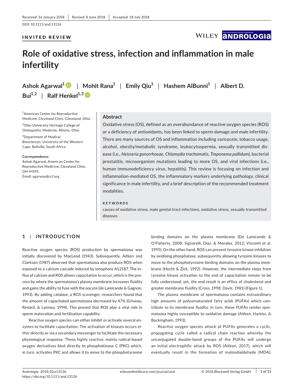 Role of Oxidative Stress, Infection and Inflammation in Male Infertility