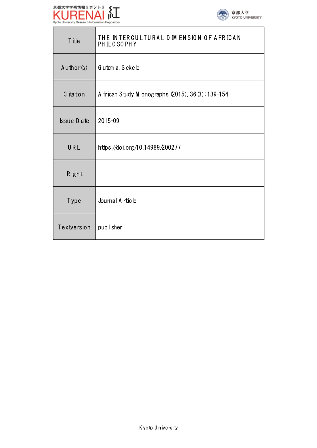 Gutema, Bekele Citation African Study Monographs (2015), 36(3)